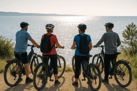 Biker:innen blicken hinaus aufs Meer Biker:innen blicken hinaus aufs Meer