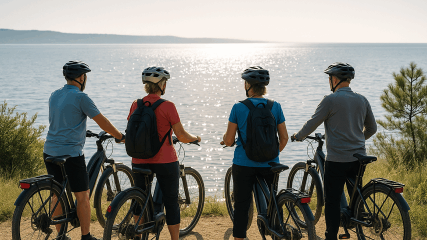 Biker:innen blicken hinaus aufs Meer Biker:innen blicken hinaus aufs Meer