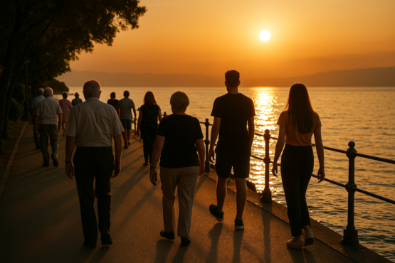 Menschen spazieren bei Sonnenuntergang auf einen Promenade in der Kvarner Bucht