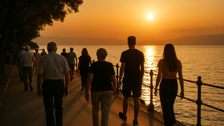 Menschen spazieren bei Sonnenuntergang auf einen Promenade in der Kvarner Bucht