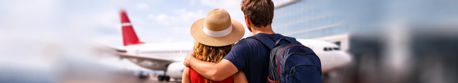 Ein Paar am Flughafen, das sicher in den Urlaub startet.