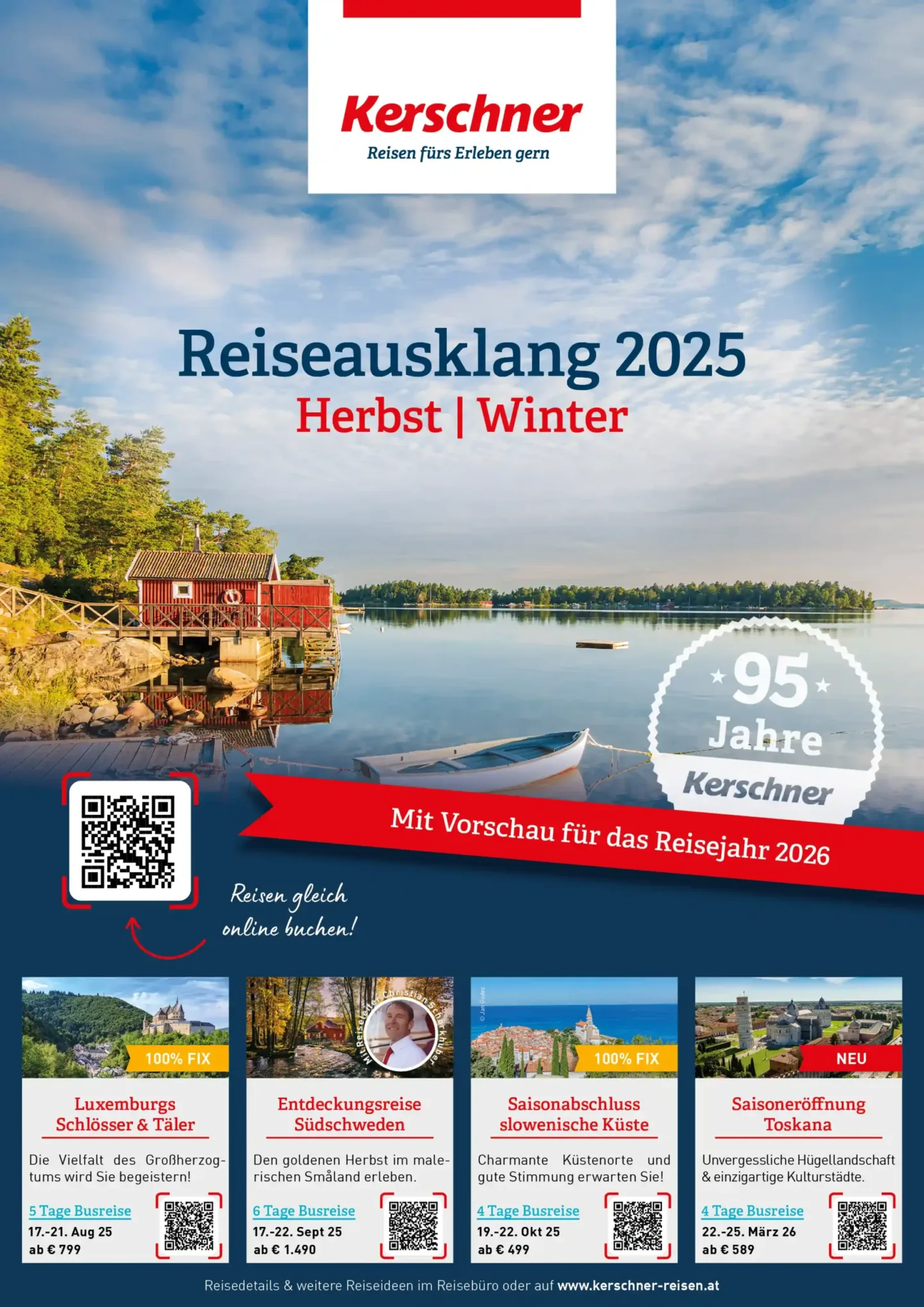 Cover vom Kerschner Herbst-Winterfolder 2025 mit einem Bild von einem See mit Häusschen in Südschweden